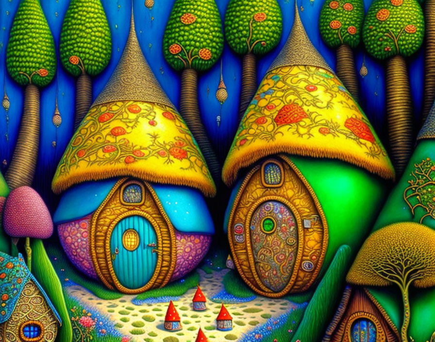 Colorful Mushroom Houses in Fantasy Landscape with Starry Sky