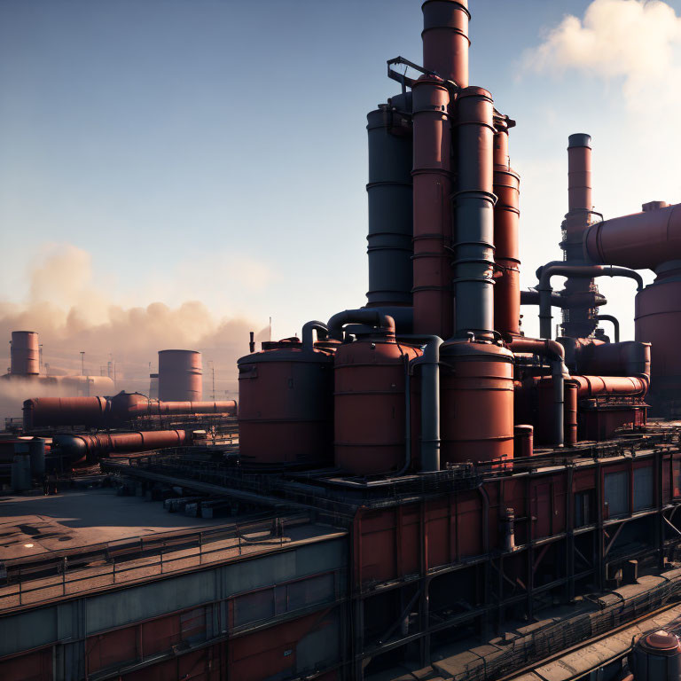 Industrial complex with cylindrical structures and distillation towers under clear sky.