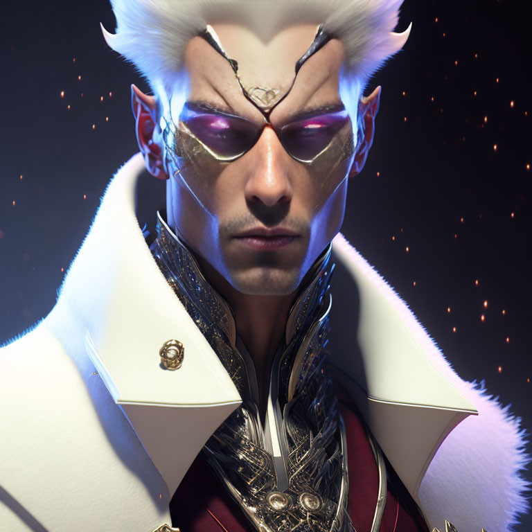 White-haired character in horned mask with purple eyes and ornate attire against starry backdrop