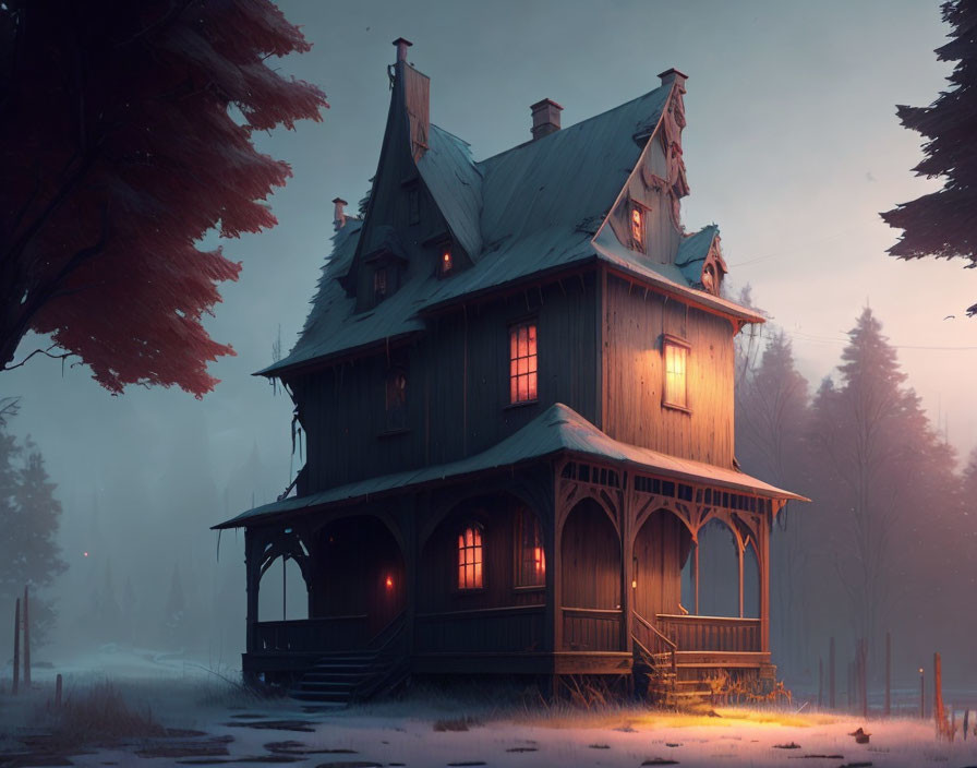 Victorian house in foggy twilight with glowing windows