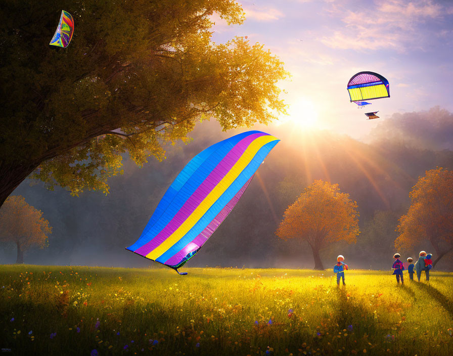 People paragliding and flying kite in sunlit meadow