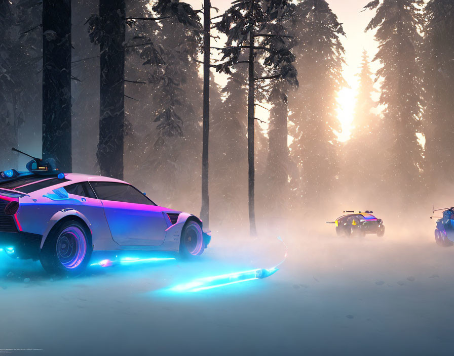 Futuristic police cars with neon underglow in snow-covered forest under intense sunlight.