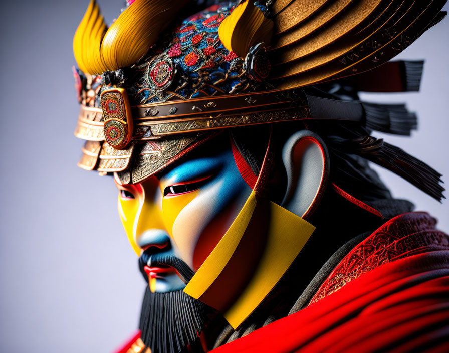 Detailed Close-Up of Traditional Japanese Samurai Mask and Helmet