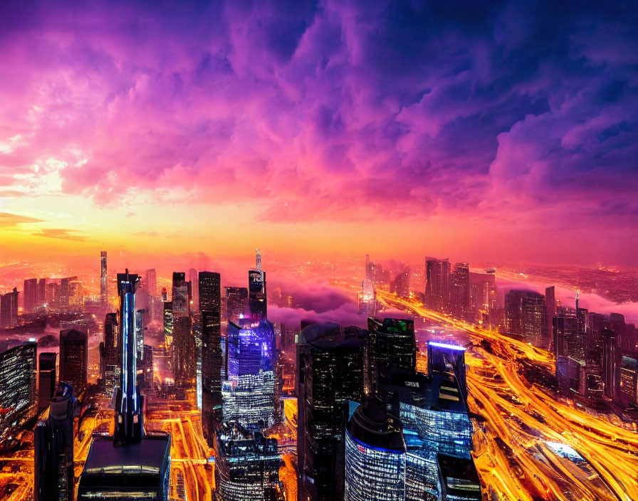 Vibrant cityscape at dusk: illuminated skyscrapers, purple sky, traffic streaks
