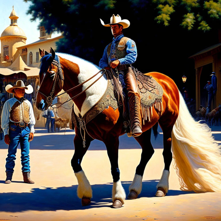 Cowboy in Blue Shirt Riding Brown and White Horse with Ornate Saddle