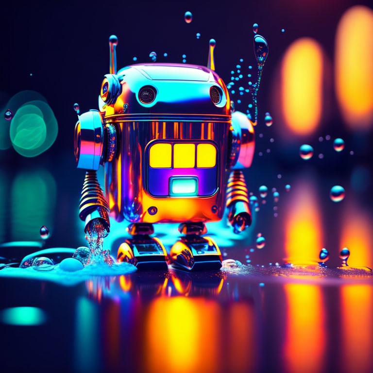 Colorful Reflective Robot with Humanoid Face and Antenna Ears Surrounded by Floating Bubbles