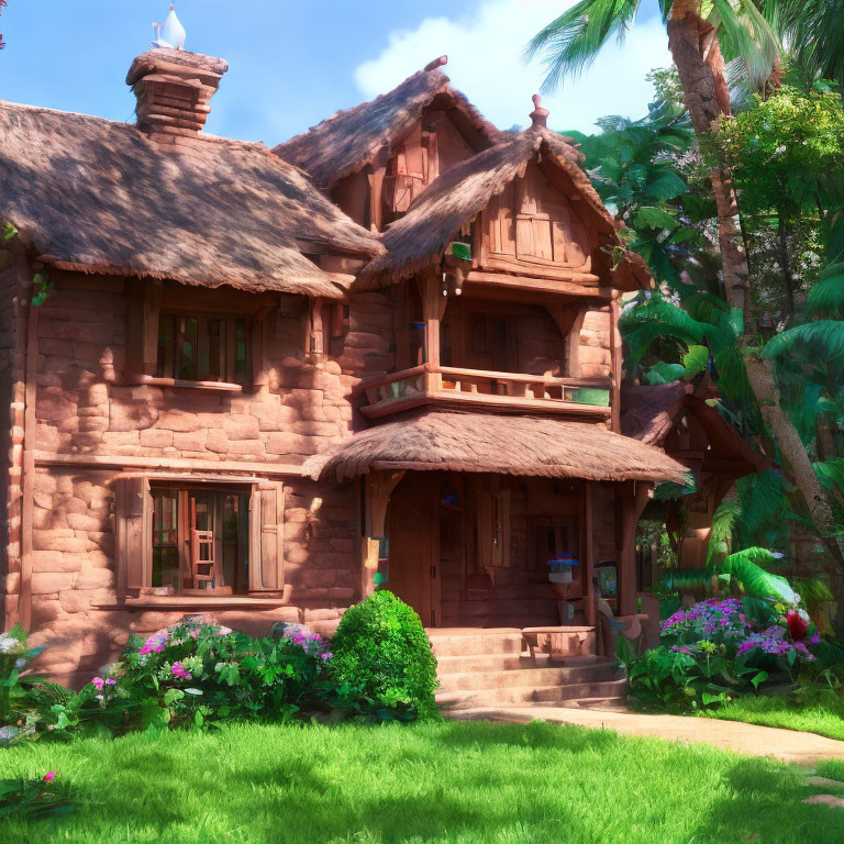 Thatched Roof Cottage in Tropical Garden