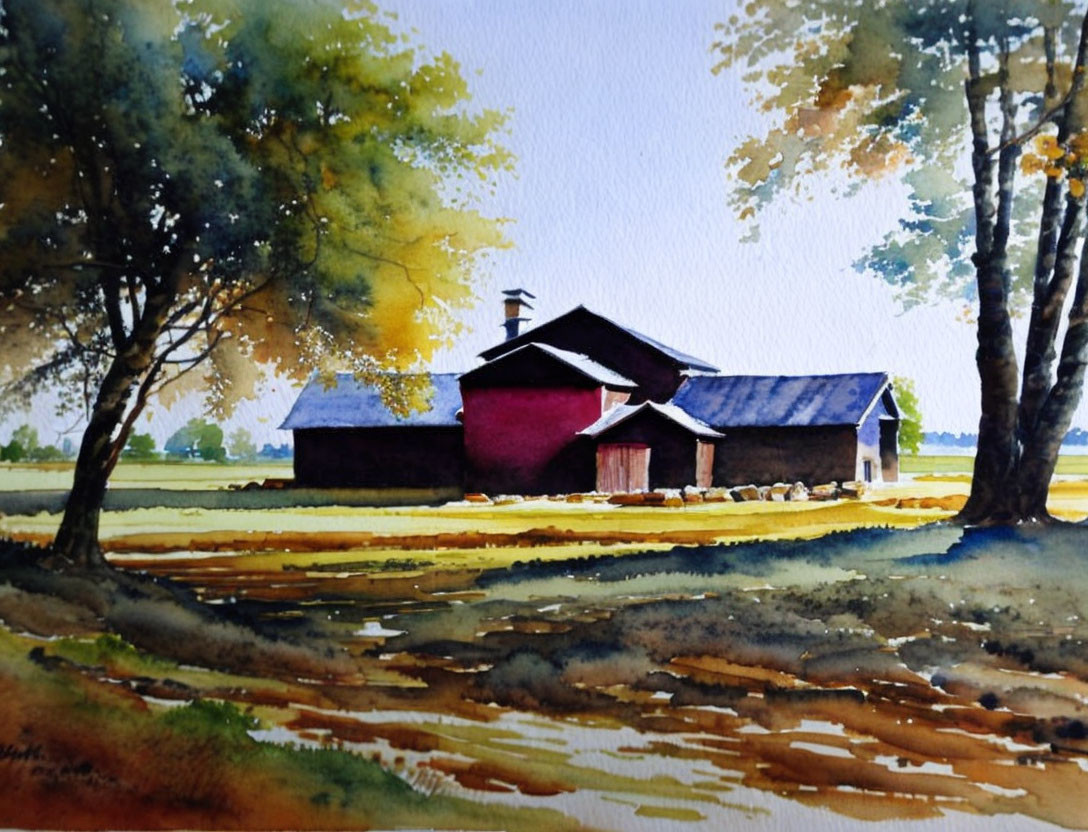 Autumn-themed watercolor painting of rural barn house, trees, stream, and grassy fields