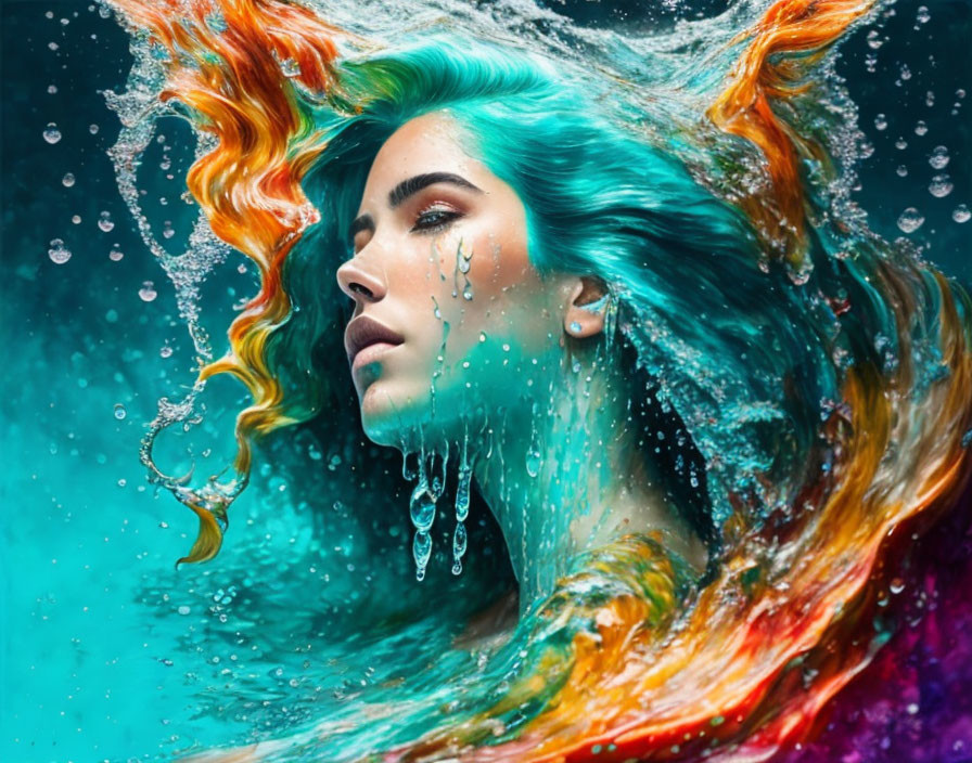 Multicolored hair woman underwater with bubbles and serene expression