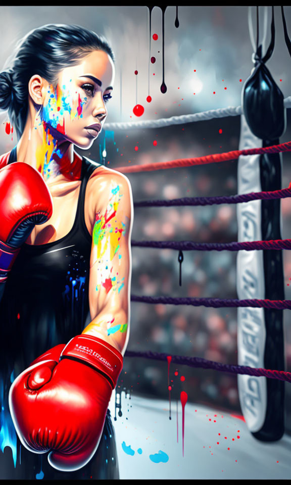 Stylized image of woman with boxing gloves in gym setting