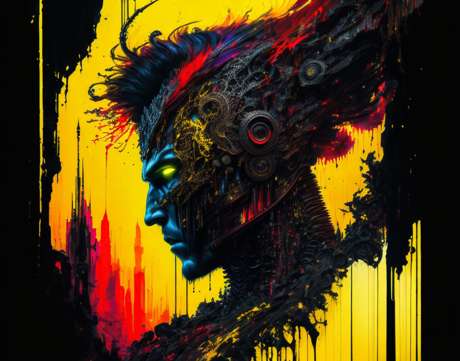 Colorful cyborg profile with yellow and black streaked background