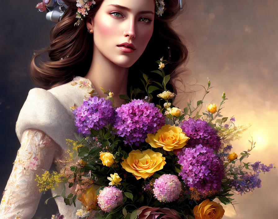 Illustrated Woman with Flowers in Hair and Colorful Bouquet on Warm Background