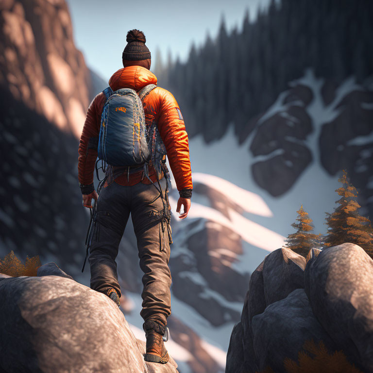 Hiker in Winter Gear on Rocky Terrain with Backpack, Forest, and Mountains