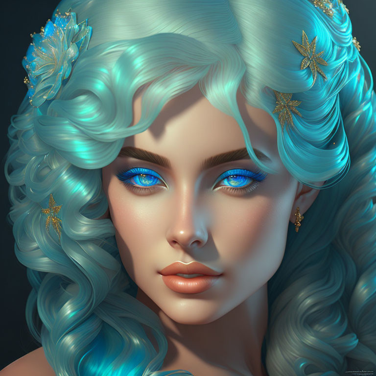 Digital Artwork: Woman with Vibrant Blue Eyes and Pastel Blue Hair