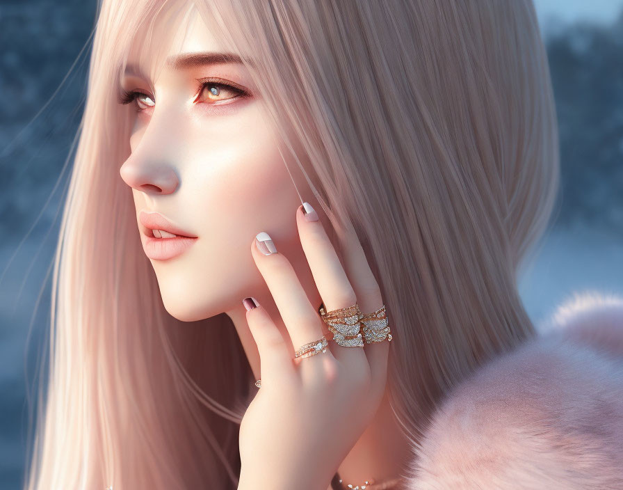 Digital Artwork: Woman with Pale Pink Hair and Blue Eyes in Pink Coat