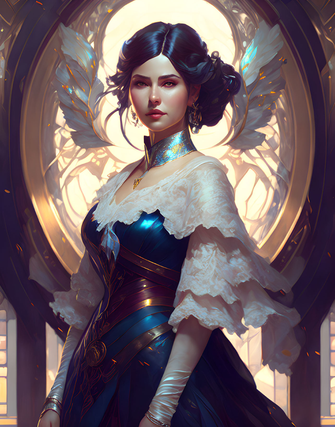 Dark-haired woman in ornate blue and gold fantasy dress with luminous angelic wings