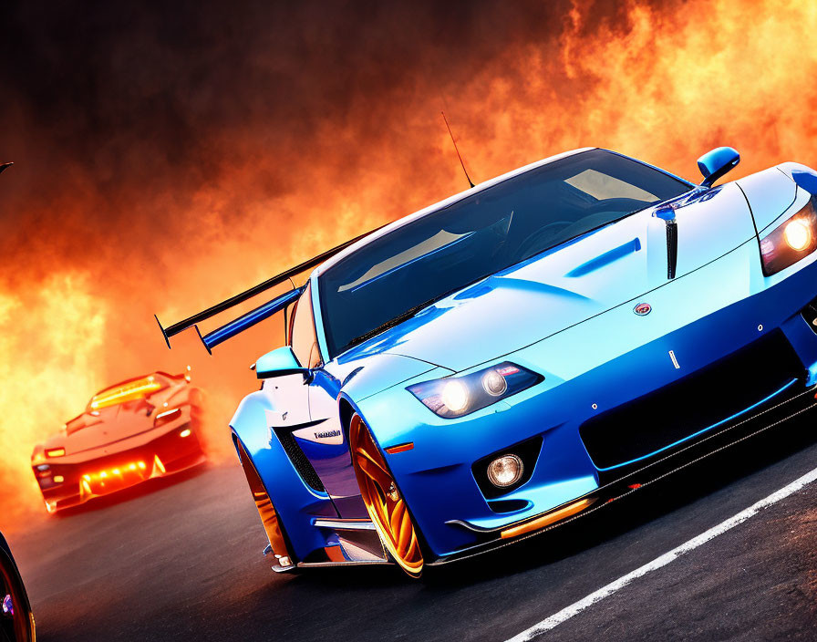 Fast cars racing on track with fiery explosions in background