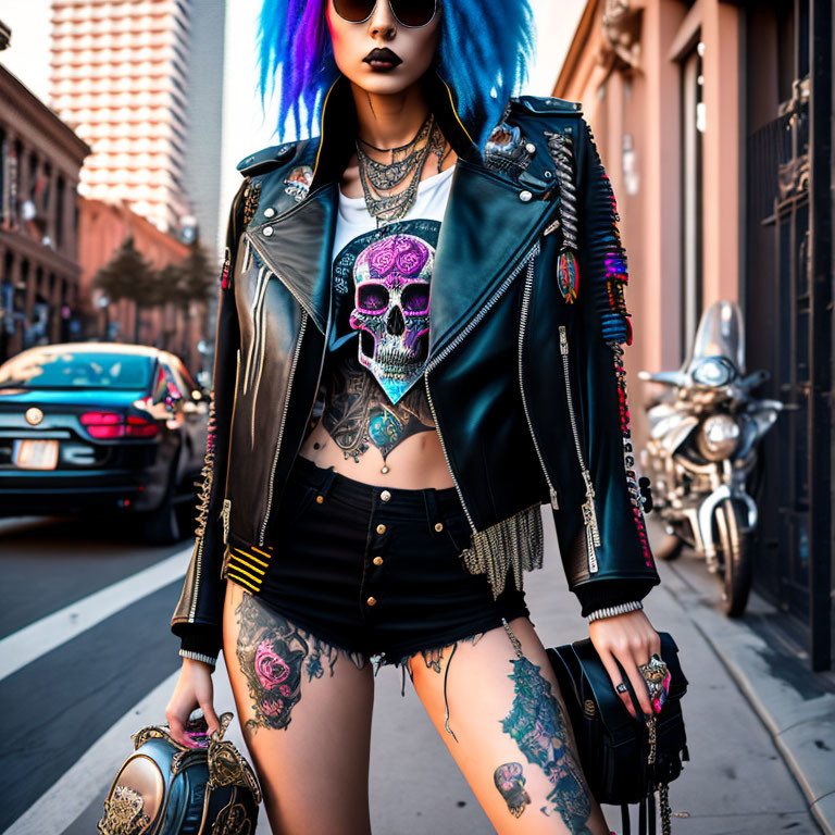 Blue-haired woman in punk rock style on urban street