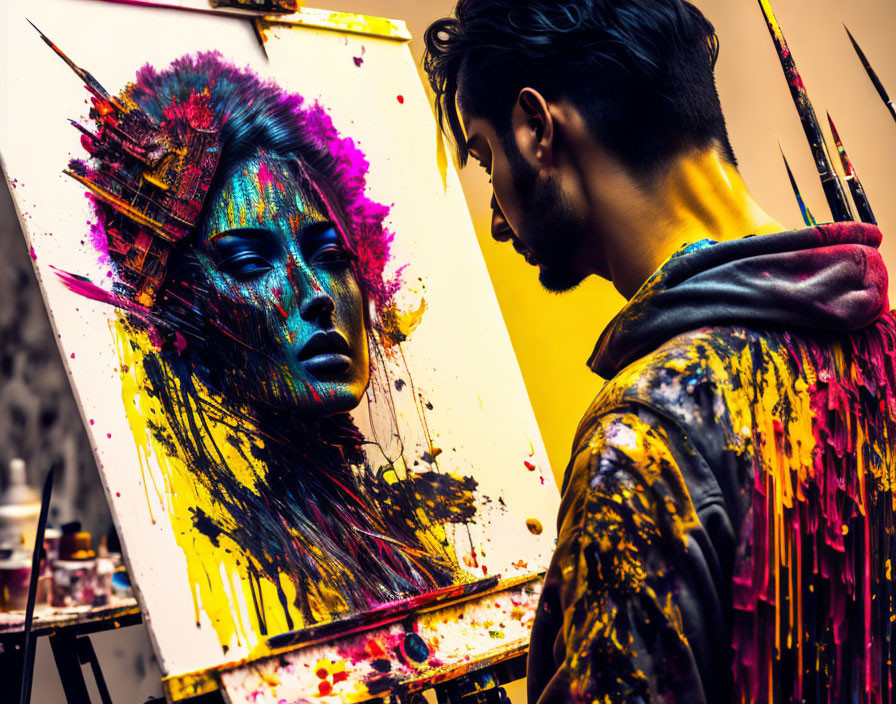 Paint-splattered artist creates abstract portrait of woman in art studio