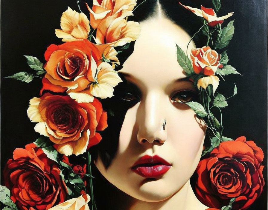 Woman with Red Lips and Nose Ring Surrounded by Roses on Dark Background