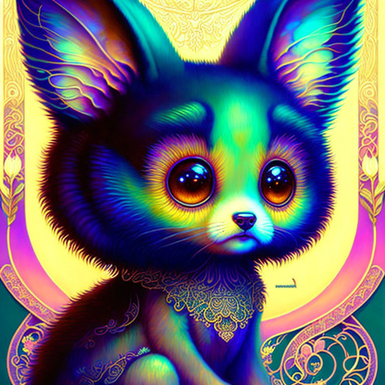 Colorful Illustration of Adorable Fantasy Creature with Feline Features