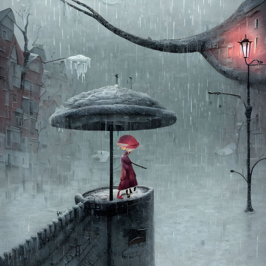 Snowy bridge scene with lone figure and red umbrella in winter cityscape