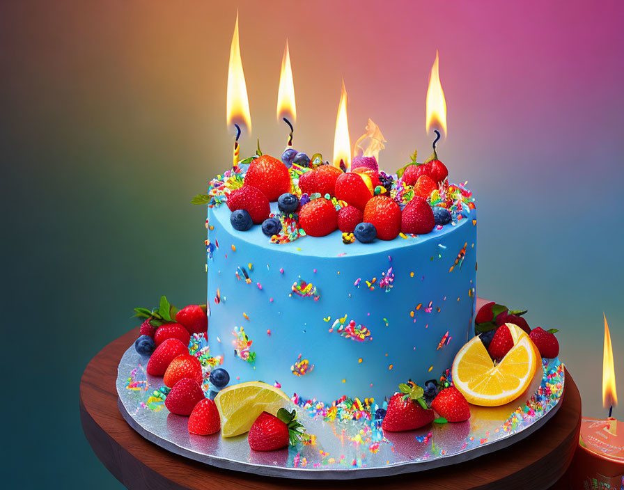 Colorful Birthday Cake with Fresh Fruit Decorations and Candles