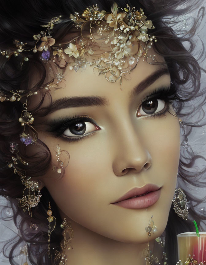 Detailed Digital Portrait of Woman with Ornate Gold Jewelry and Floral Headpieces