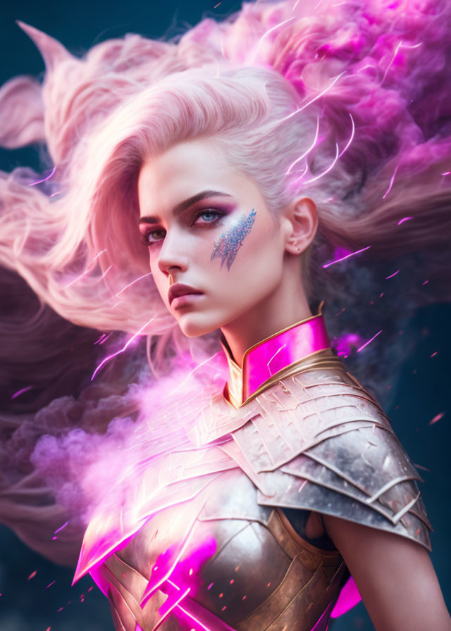 Fantasy portrait with pink hair, blue eye makeup, golden armor, pink mist