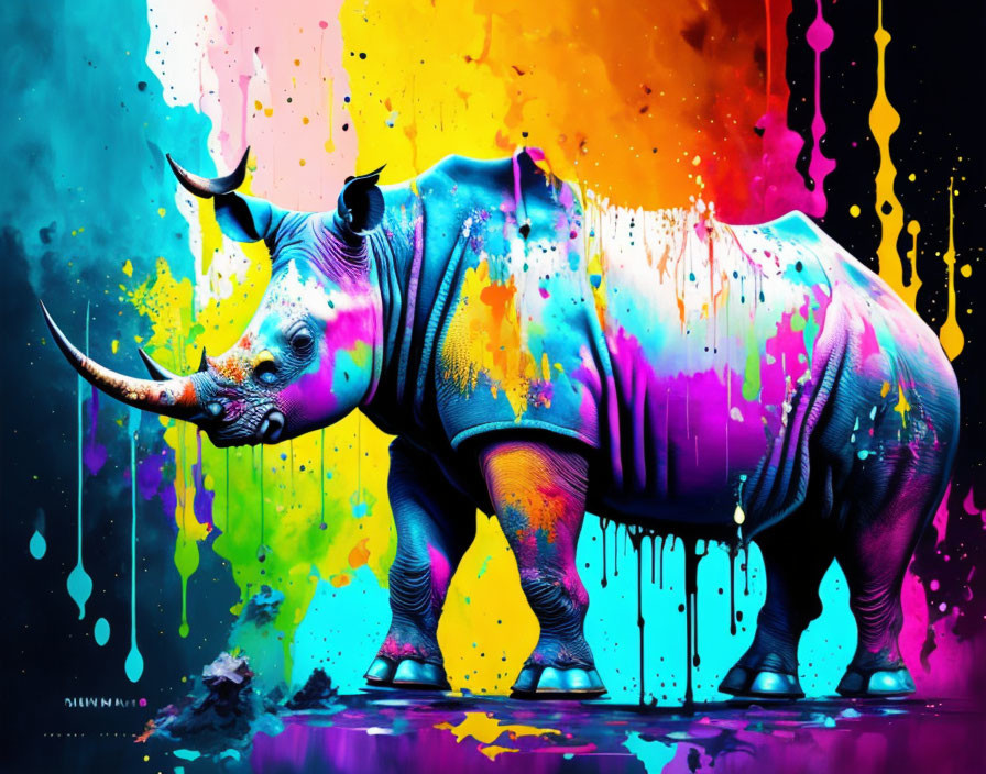 Colorful Rhinoceros Artwork on Black Background