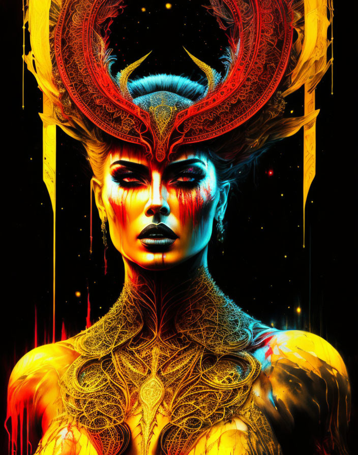 Vibrant digital artwork of female figure in red and gold headgear and armor against cosmic background