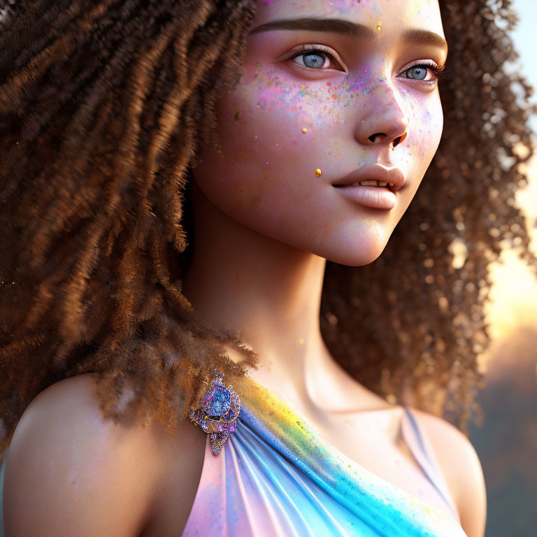 Portrait of Woman with Freckled Skin, Blue Eyes, Curly Hair, Colorful Dress in