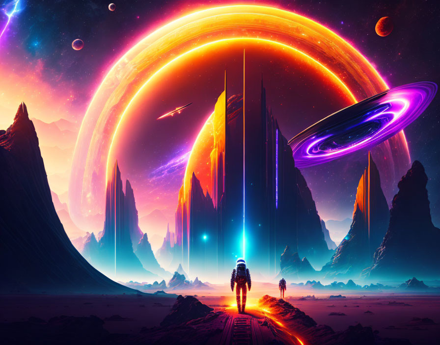 Person on alien landscape with spires, orange ring planet, spacecrafts, and purple sky