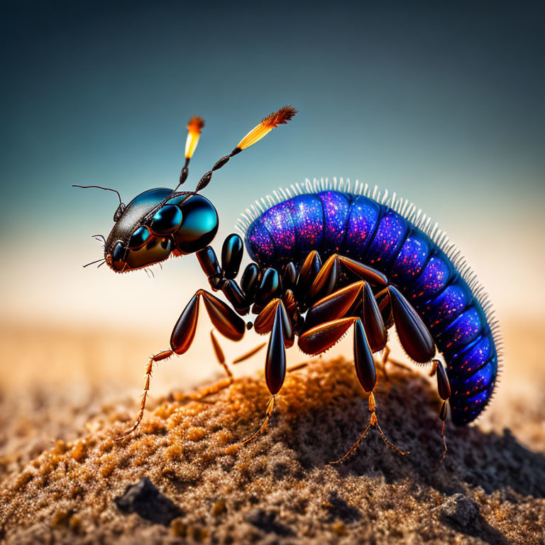 Colorful Ant Illustration with Glossy Blue Body and Orange-Tipped Antennae on Desert Background