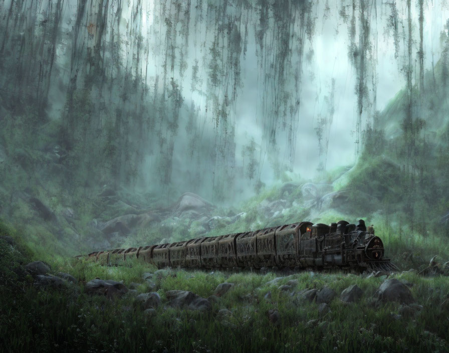 Vintage Train in Mystical Forest with Fog and Lush Green Landscape