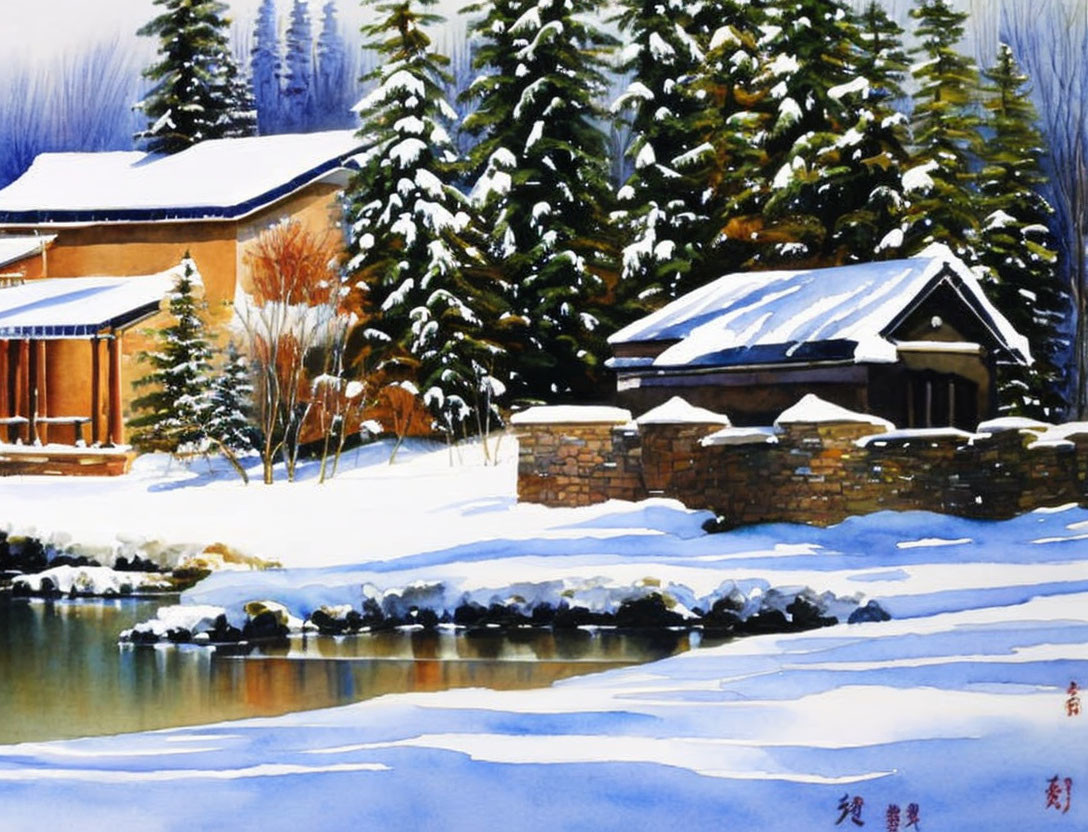 Snow-covered houses near frozen river in watercolor art