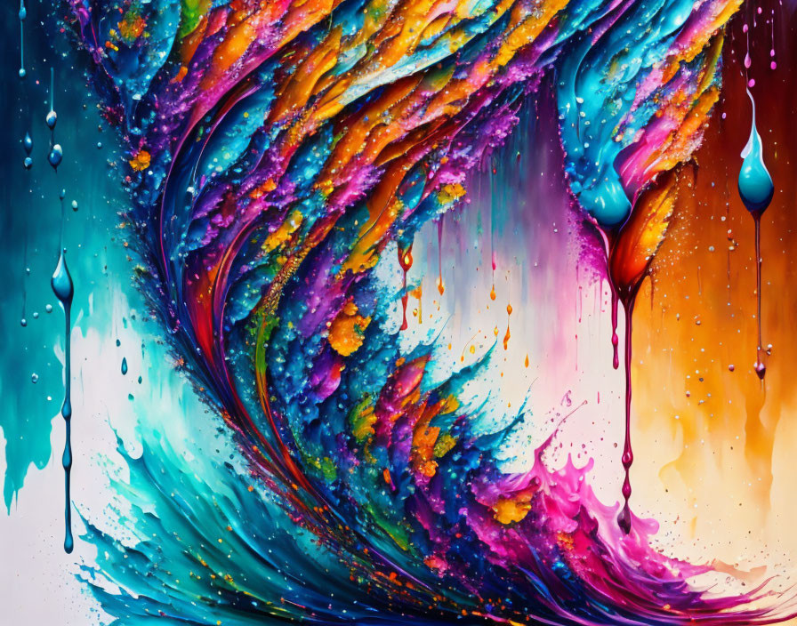 Colorful Abstract Swirl with Dripping Paint in Blue, Purple, Orange, and Pink