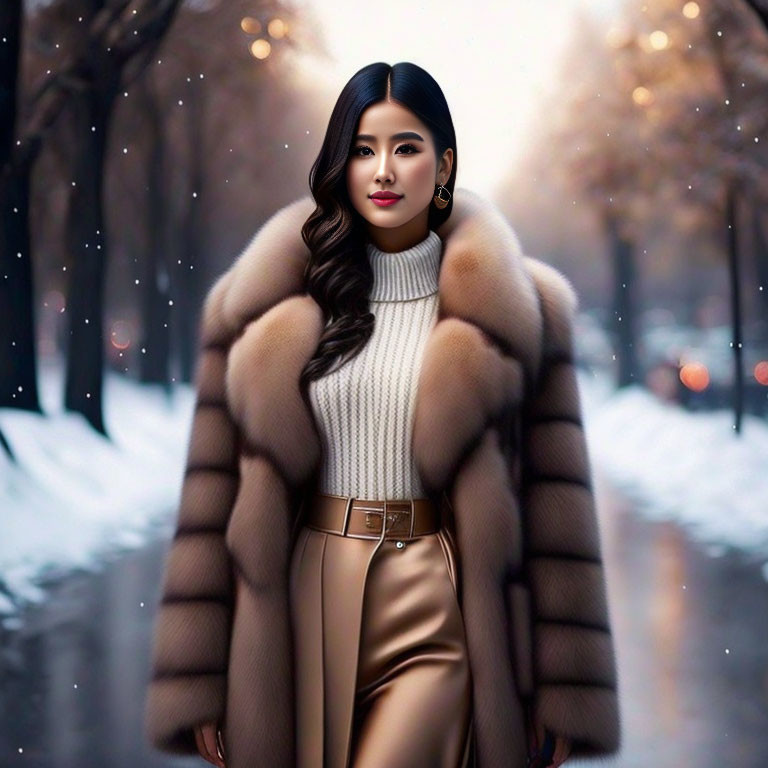 Stylish woman in fur coat on snowy path with trees and lights