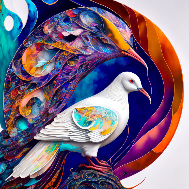 Realistic white dove meets colorful abstract background in digital art.