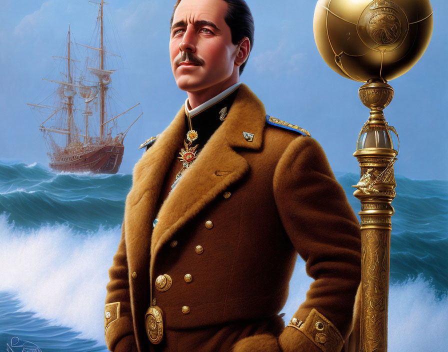 Illustration of man in military uniform with medals, ship, and golden globe