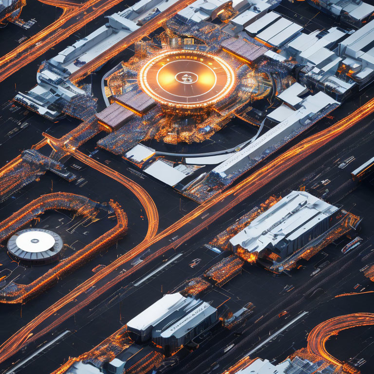 City at Dusk: Aerial View of Lit Circular Stadium and Traffic Trails