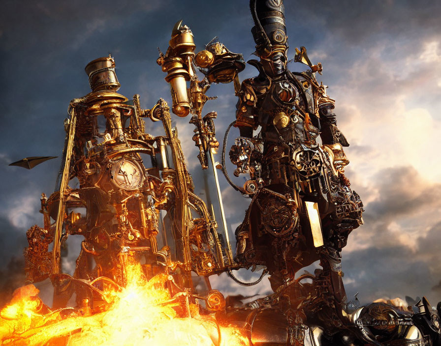 Steampunk robot with gears, clocks, and pipes surrounded by flames and dramatic sky