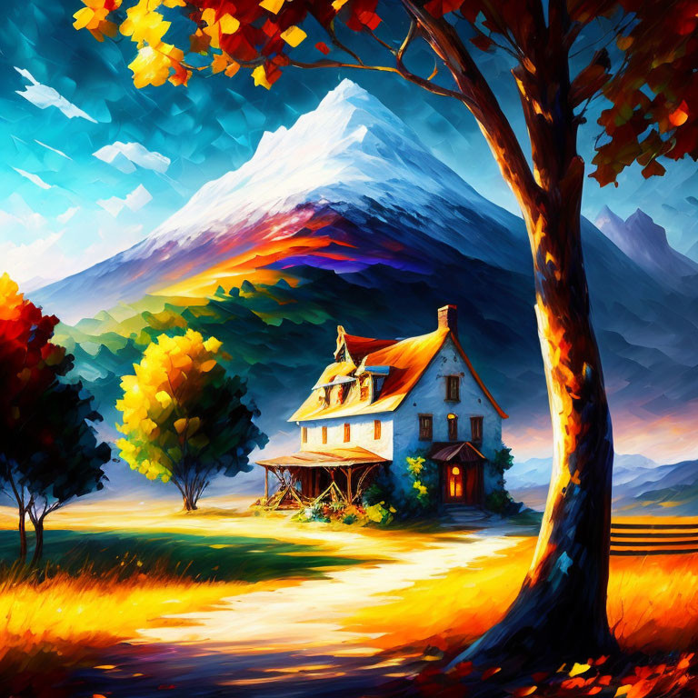 Colorful Painting of Cozy House by Mountain with Autumn Tree