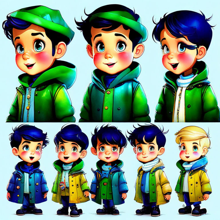 Collection of Nine Animated Character Faces with Green Jackets and Hats