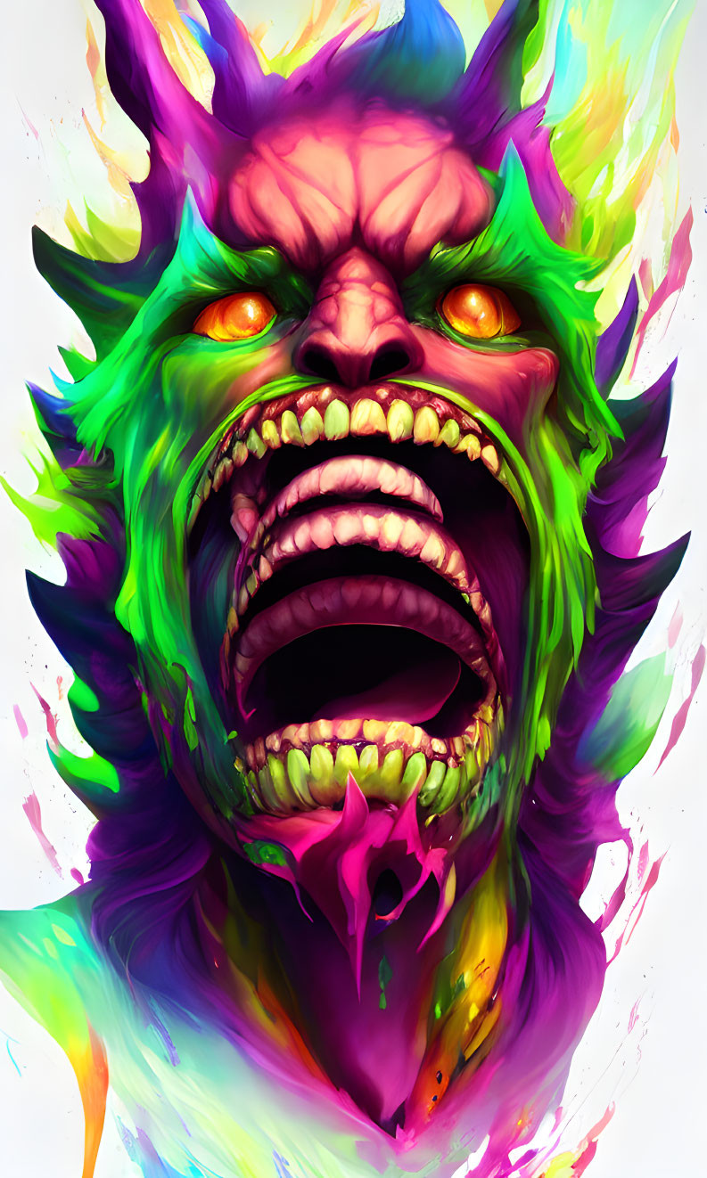 Vibrant roaring creature with exaggerated fangs in green, purple, and yellow hues