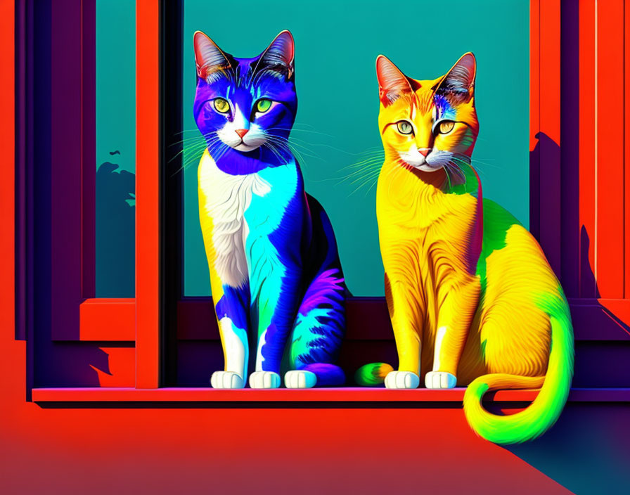 Vibrantly colored illustrated cats on abstract background