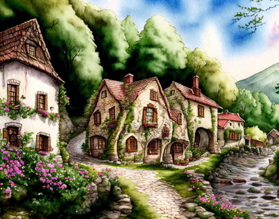 Charming cobblestone village with ivy-covered cottages and colorful flowers