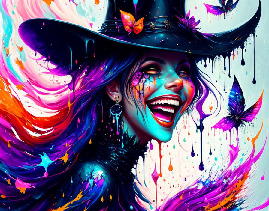 Colorful artwork of a laughing woman in a witch's hat with butterflies, whimsical design