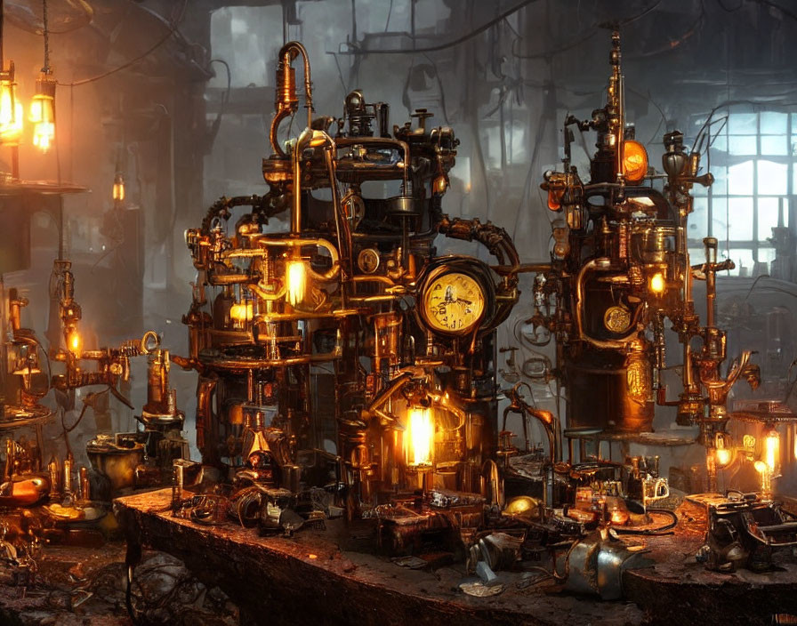 Detailed Steampunk-Style Laboratory with Machinery, Lights, Gauges, and Pipes