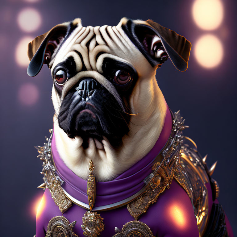 Digital image of a pug in golden armor and purple cloak on bokeh background